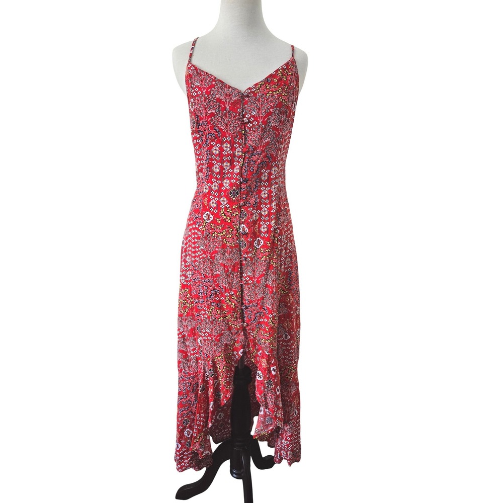 Red Floral Midi Slip Dress with Ruffle Hem